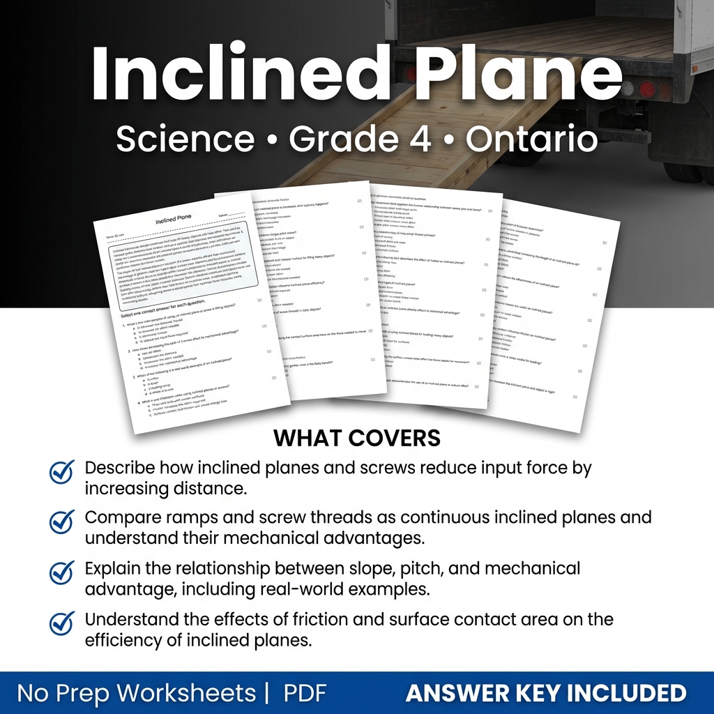 Inclined Plane Science Worksheet Grade 4 | Ontario Standard Practice
