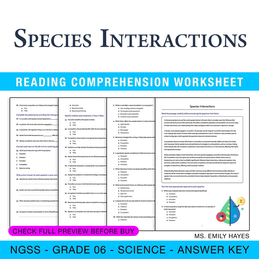 Grade 6 Science worksheet — 6th Grade Science | Species Interactions Worksheet (PDF +Answer Key) — page 1