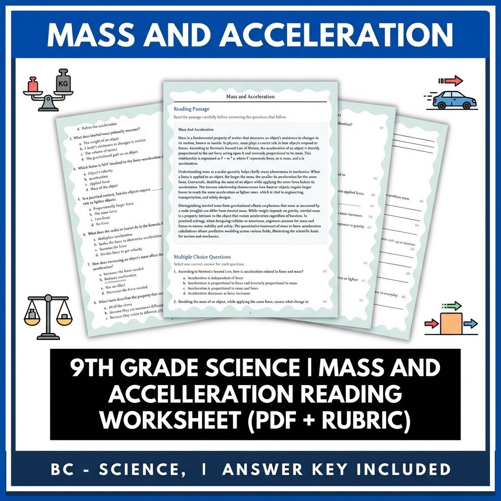 Grade 9 Science reading worksheets — 9th Grade Science | Mass and Acceleration Reading Worksheet (PDF + Rubric)