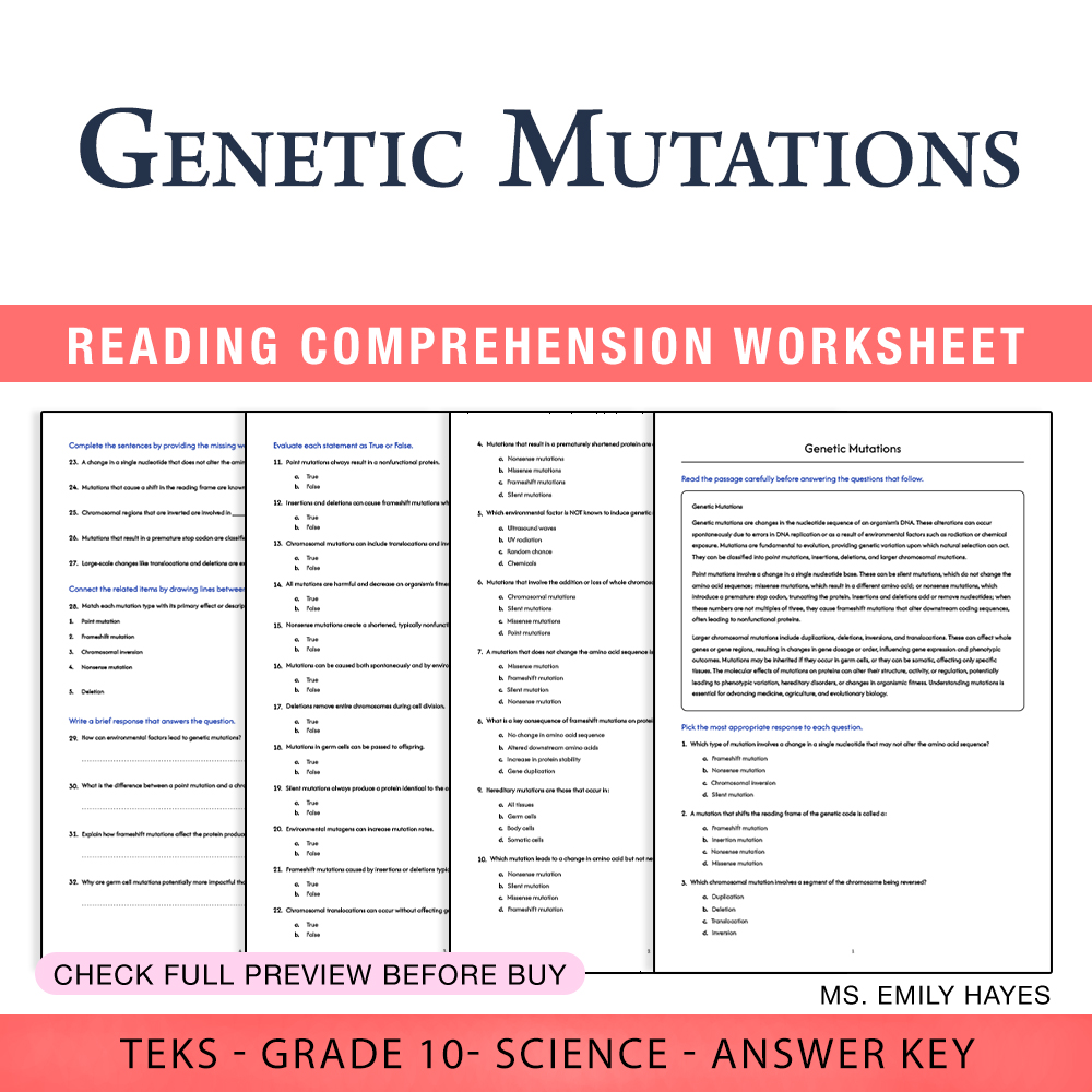 Grade 10 Science worksheet worksheet — 10th Grade Science | Genetic Mutations Worksheet (PDF+ Answer Key) — page 1