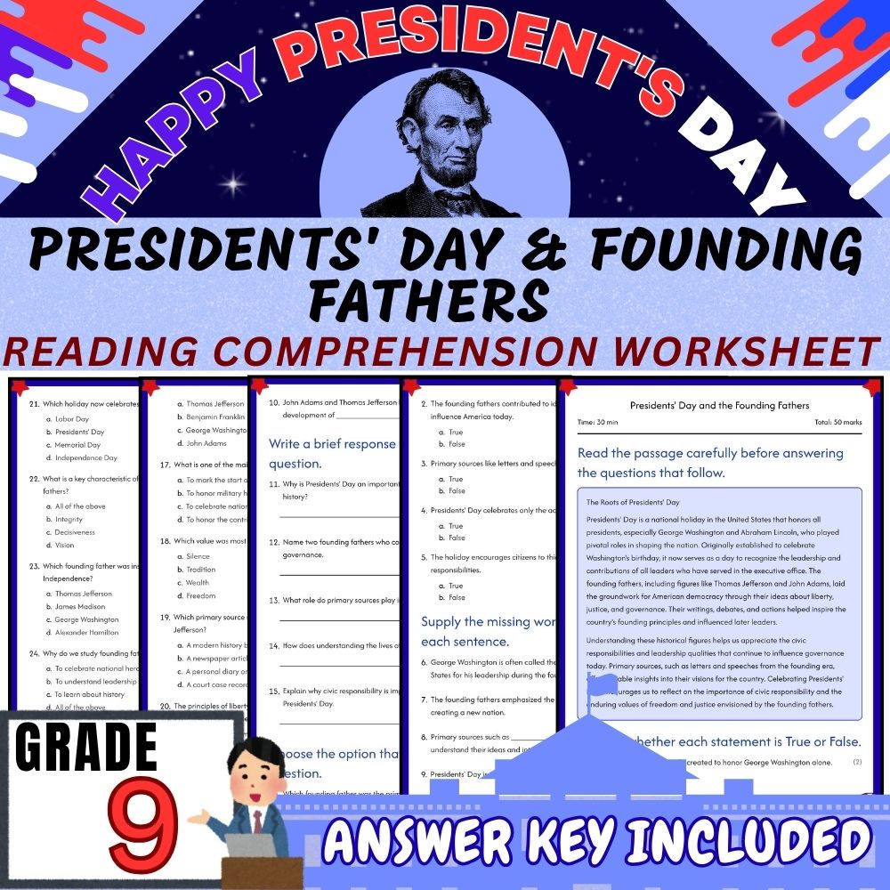 Grade 9| Presidents Day & U.S. History Unit Worksheet Pack (Answer Key Included) — included worksheet 3