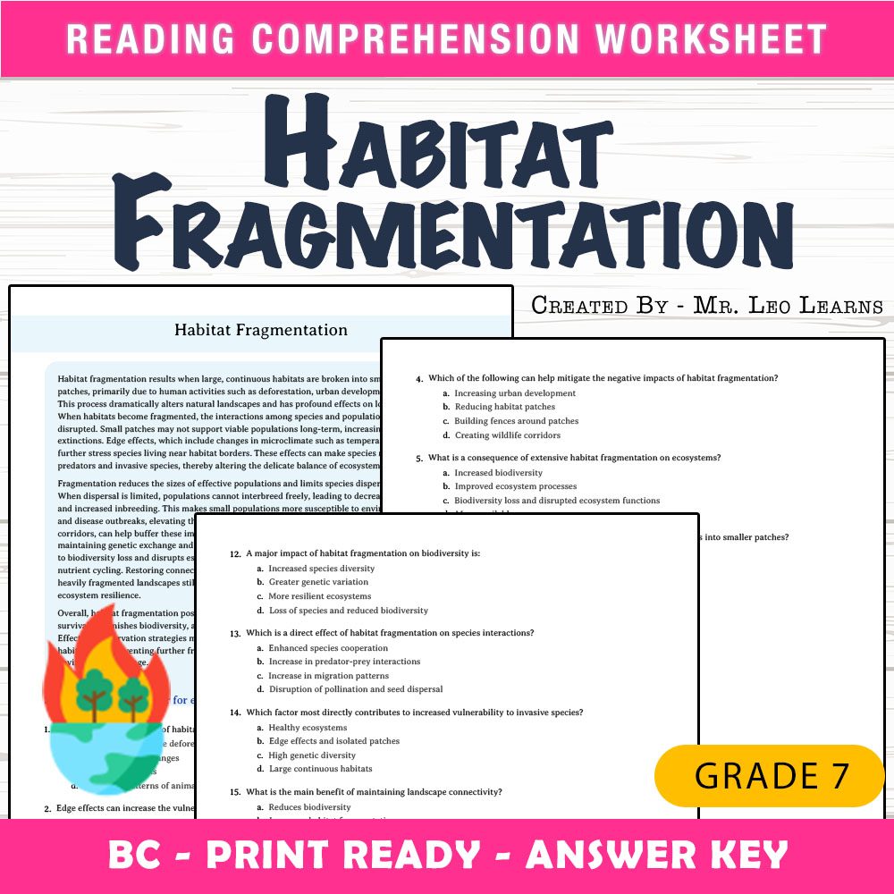 Grade 7 Science worksheet mcq paper worksheet — Grade 7 Science — Habitat Fragmentation Worksheet for Mastery — page 1