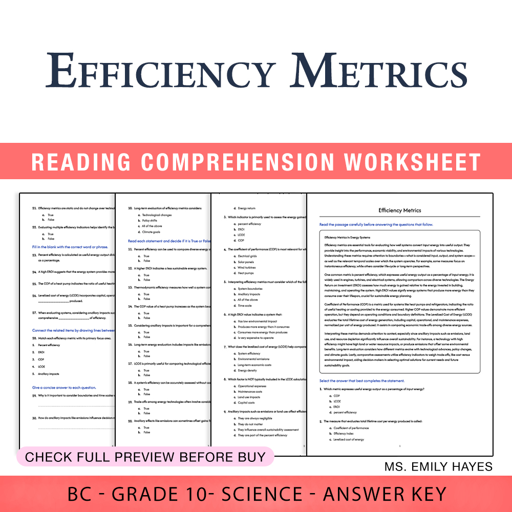 Grade 10 Science worksheet worksheet — Grade 10 Science | Efficiency Metrics Worksheet (PDF + Answer Key) — page 1