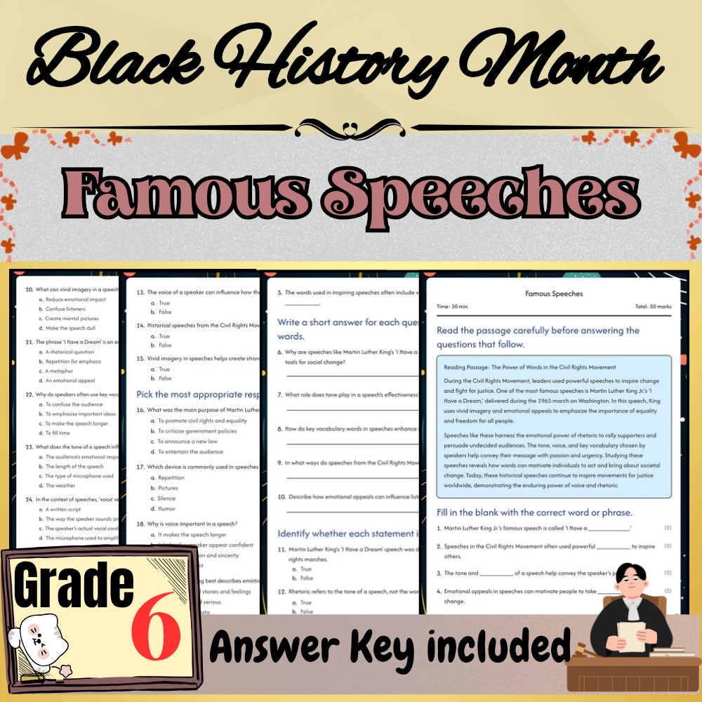 Grade 6  Black Friday Worksheet for Mastering Famous Speeches | PDF + Answer Key