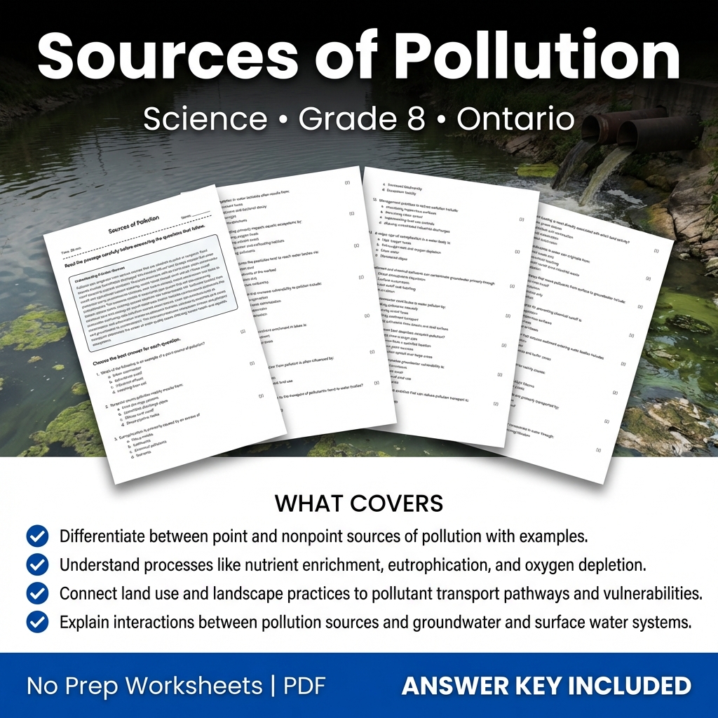 Sources of Pollution Worksheet Grade 8 Science Ontario Standards PDF