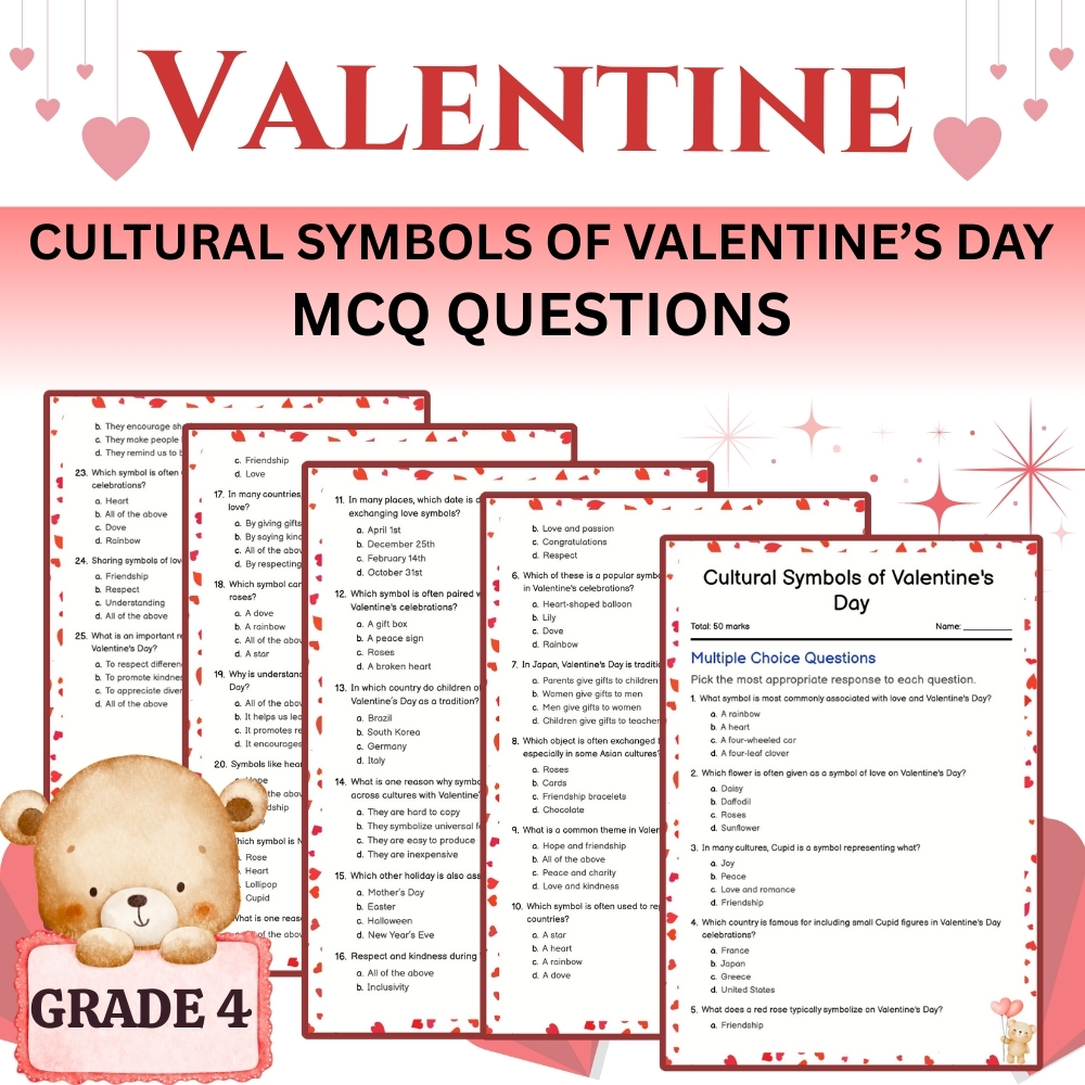 Grade 4 Holiday | Cultural Symbols of Valentine’s Day MCQ Worksheet (PDF)