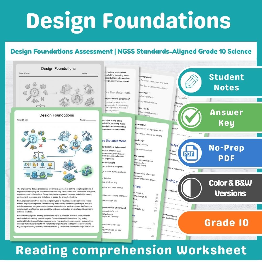 Grade 10 Science assessment worksheet — Design Foundations Assessment | NGSS Standards-Aligned Grade 10 Science