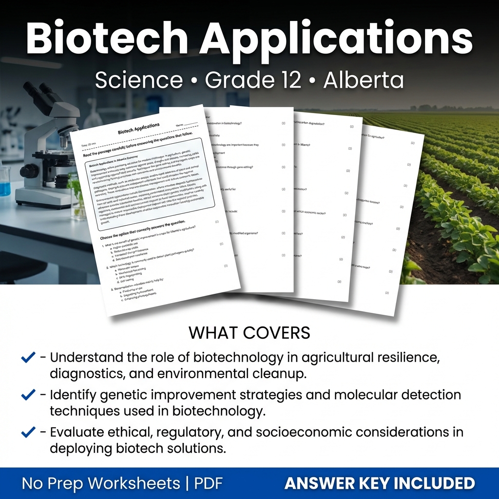 Grade 12 Science Worksheet on Biotech Applications | Alberta Standards