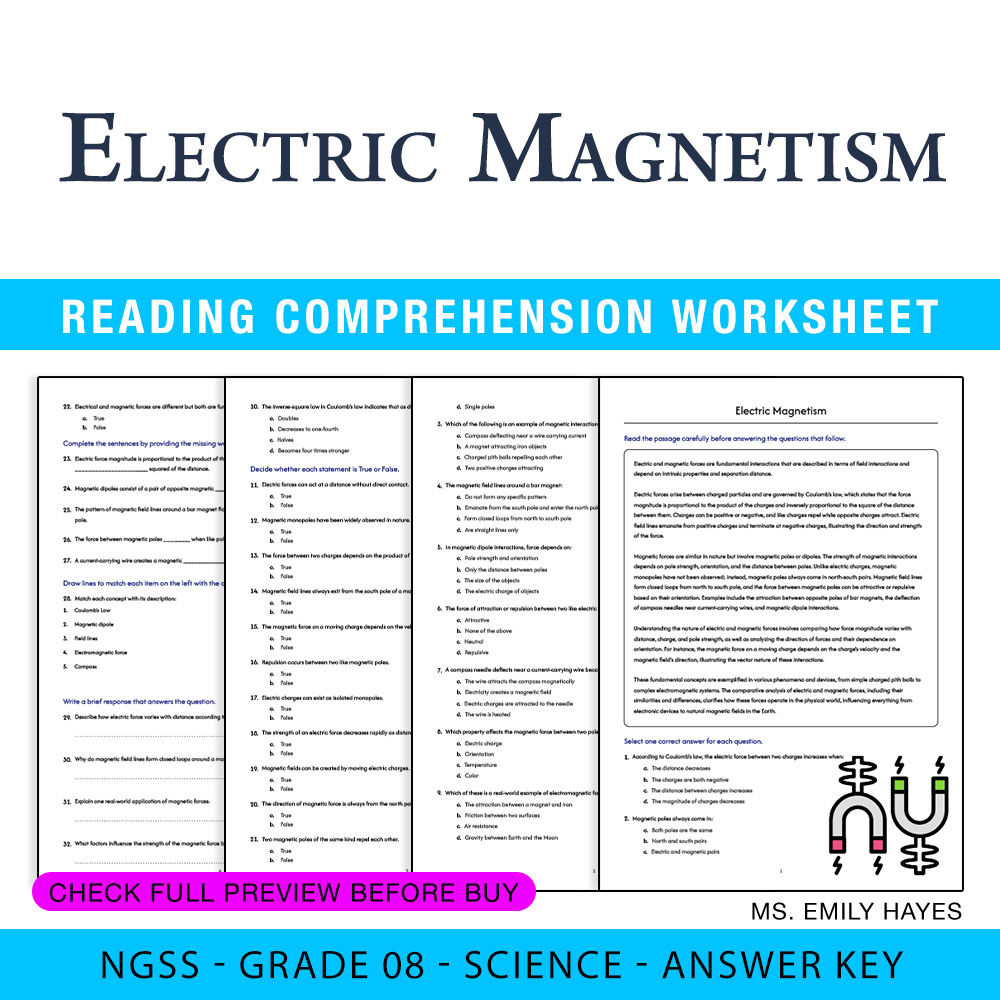 Grade 8 Science worksheet worksheet — 8th Grade Science | Electric Magnetism Worksheet (PDF+ Answer Key) — page 1