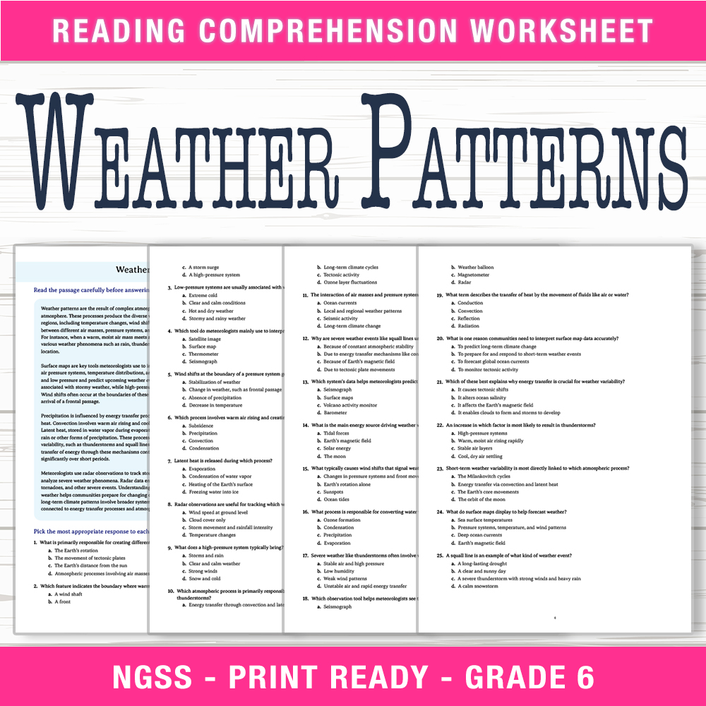 Grade 6 Science worksheet worksheet — 6th Grade Science | Weather Patterns Worksheet (PDF + Answer Key) — page 1