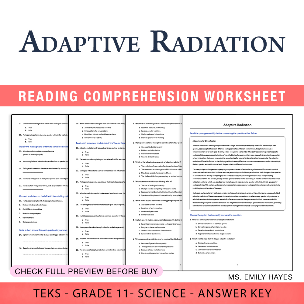 Grade 11 Science worksheet worksheet — Grade 11 Science | Adaptive Radiation Worksheet (PDF+ Answer Key) — page 1