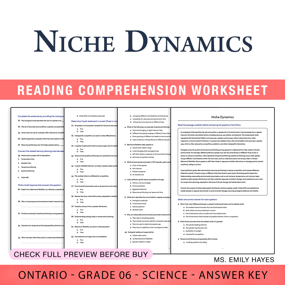 Grade 6 Science worksheet worksheet — 6th Grade Science | Niche Dynamics Worksheet (PDF+ Answer Key) — page 1