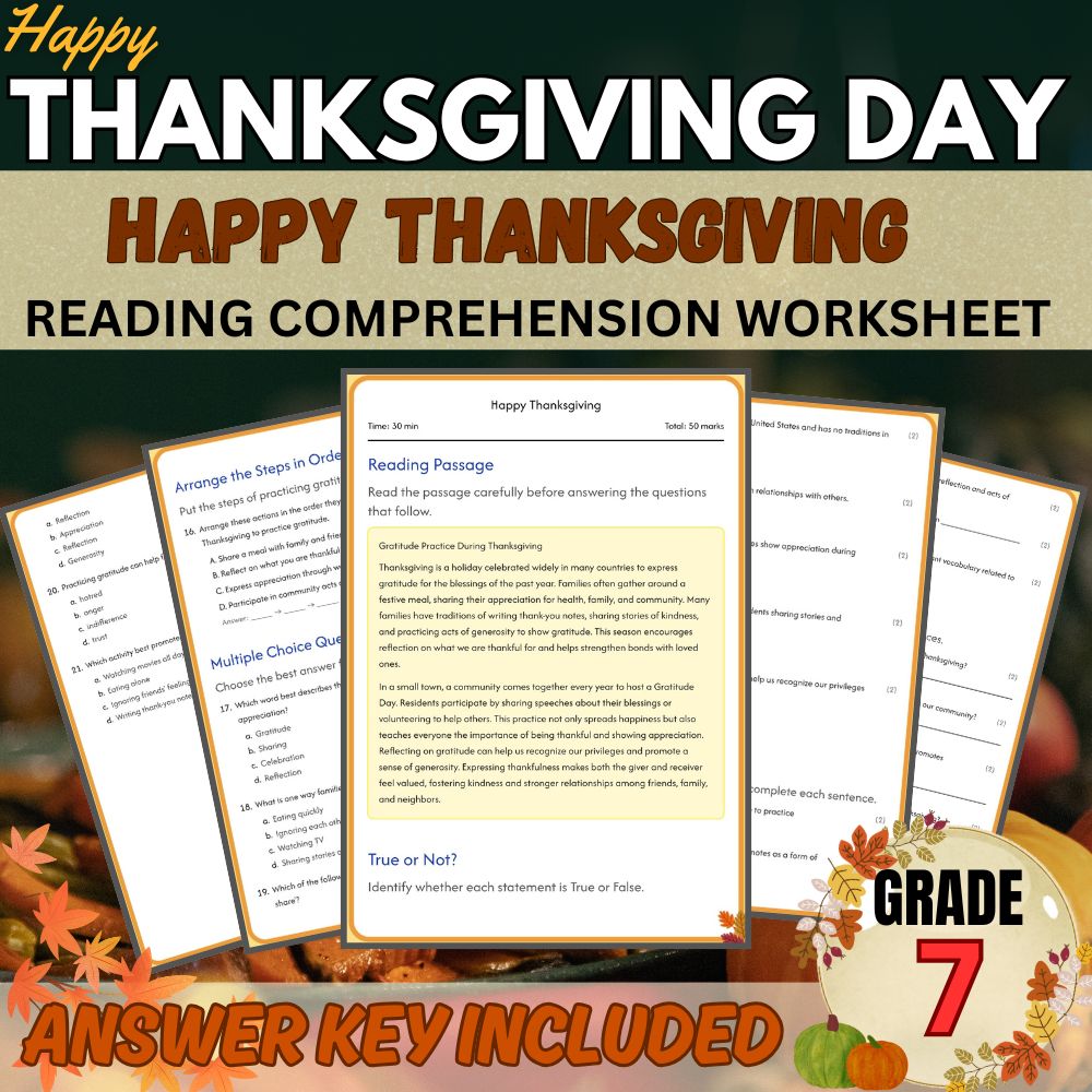 Grade 7 Seasonal | Happy Thanksgiving Worksheet for Mastery | PDF + Answer Key