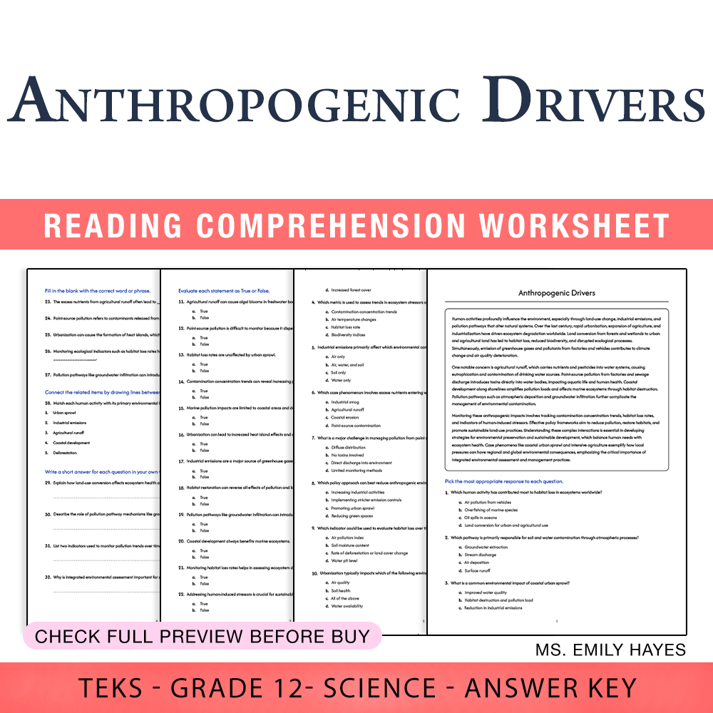 Grade 12 Science worksheet worksheet — Grade 12 Science | Anthropogenic Drivers Worksheet (PDF+ Answer Key) — page 1