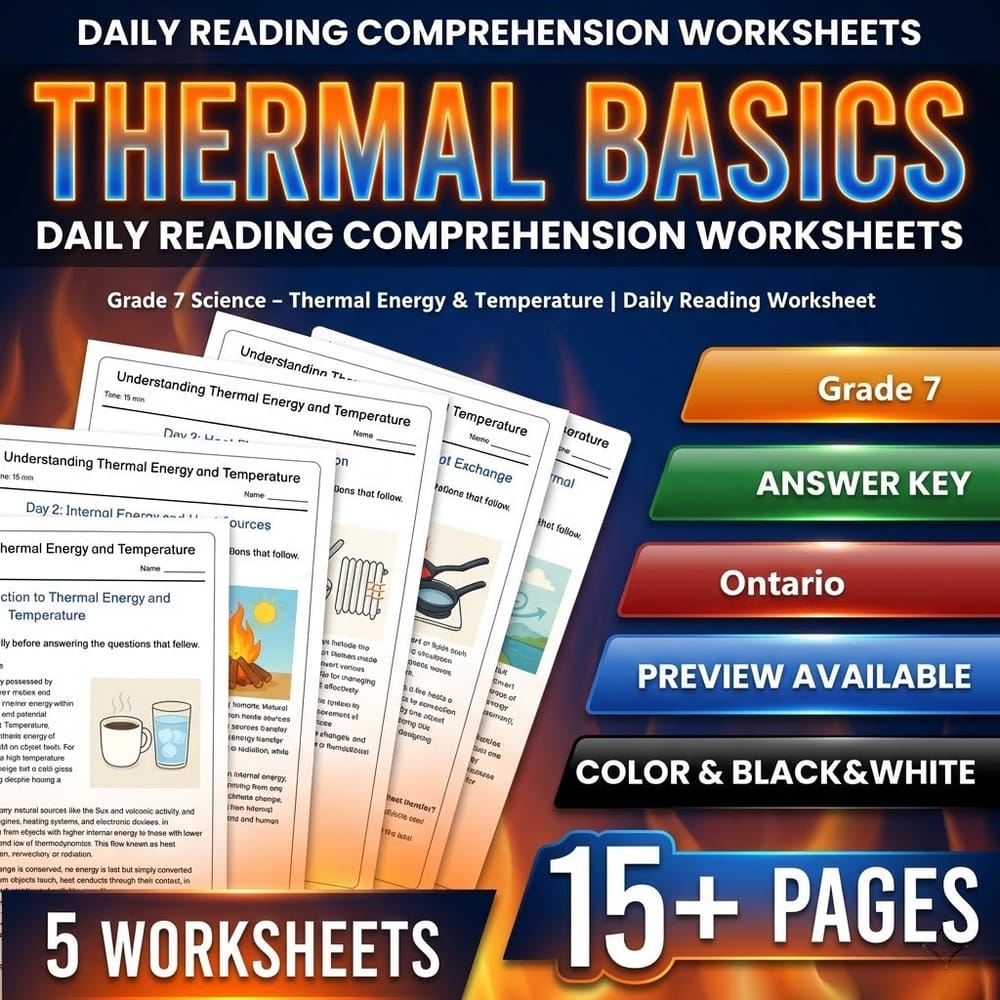 Thermal Energy Grade 7 Science Daily Reading Worksheets Bundle | Ontario — included worksheet 9