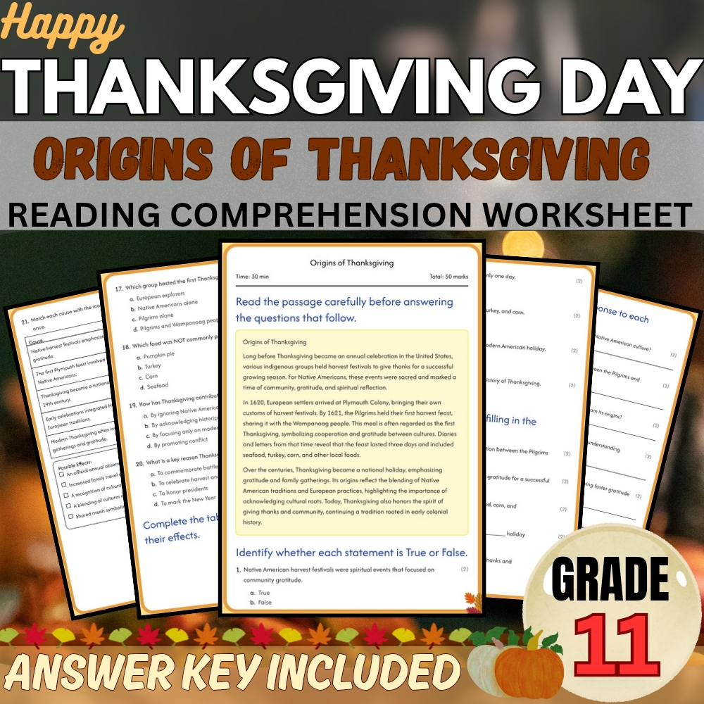 Grade 11 Seasonal happy thanksgiving worksheet — Grade 11 Happy Thanksgiving Worksheets for Cultural Understanding|PDF+Ans…