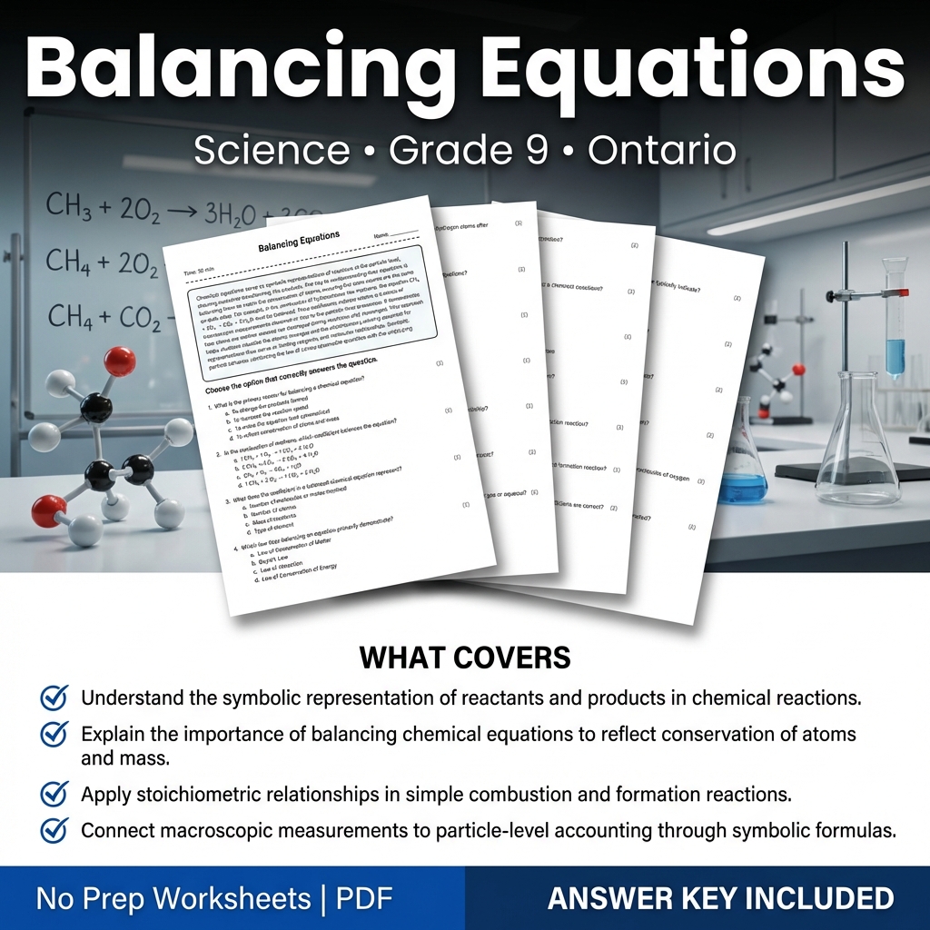 Balancing Equations Grade 9 Science Worksheet with Answer Key | Ontario