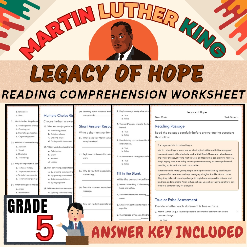 Grade 5 | Martin Luther King Legacy Worksheet for Mastery | PDF + Answer Key