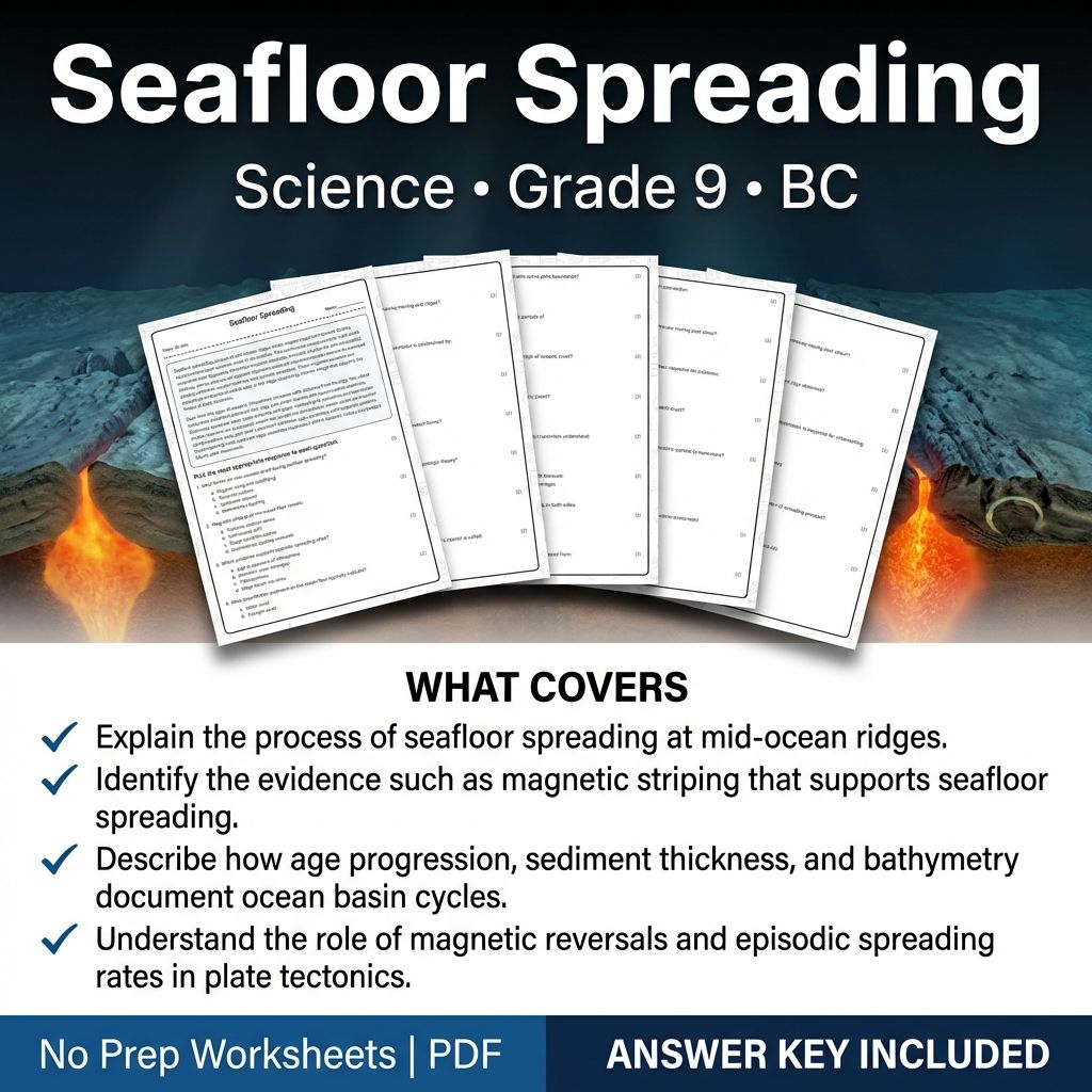 Grade 9 Science Worksheet | Seafloor Spreading  & Key Concepts + Answer Key
