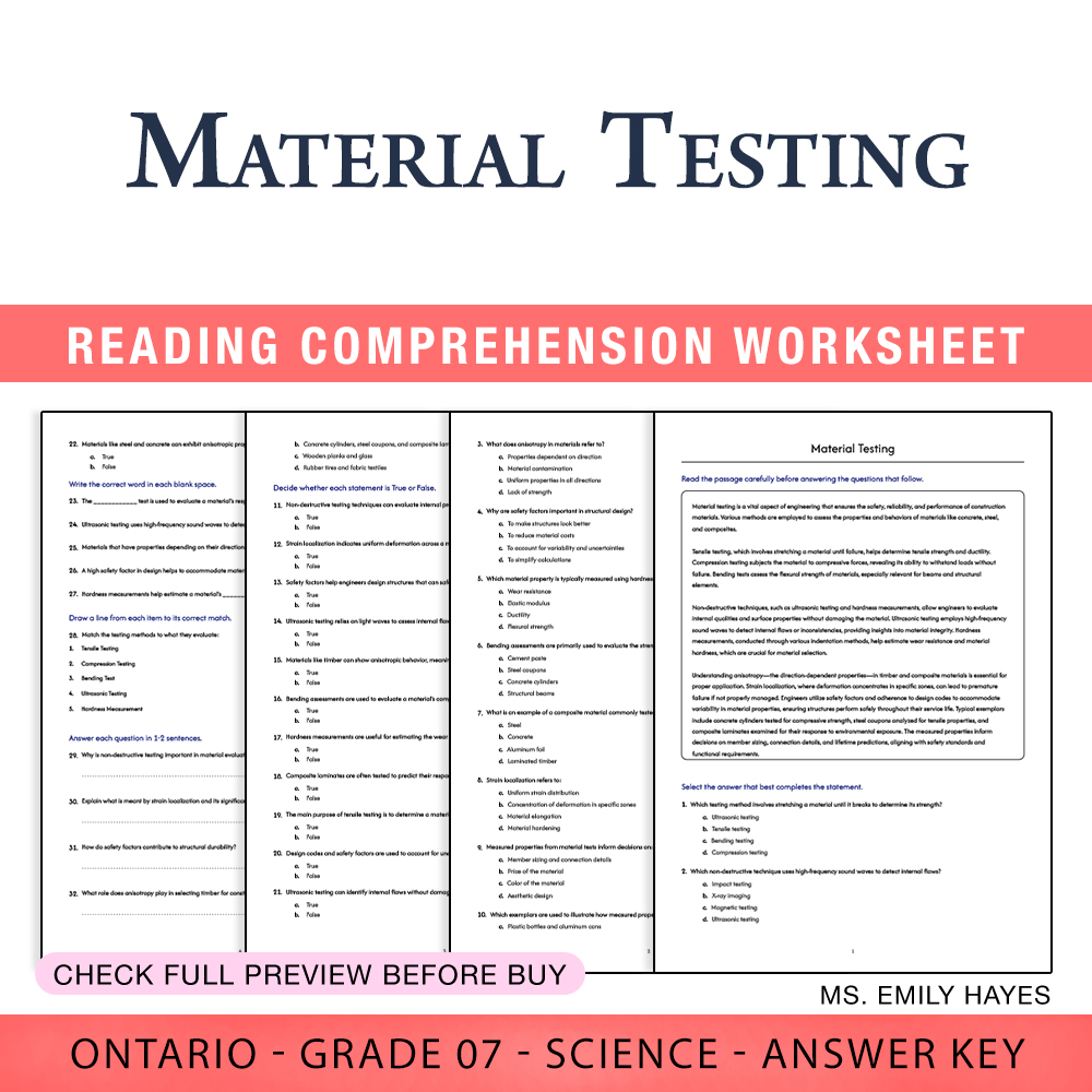 Grade 7 Science worksheet worksheet — 7th Grade Science | Material Testing Worksheet (PDF+ Answer Key) — page 1