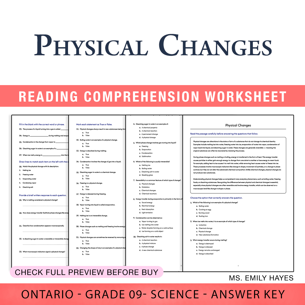 Grade 9 Science worksheet worksheet — 9th Grade Science | Physical Changes Worksheet (PDF + Answer Key) — page 1