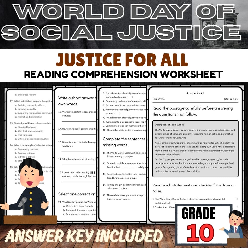 Grade 10 Holiday | Word day of social justice | PDF + Answer Key