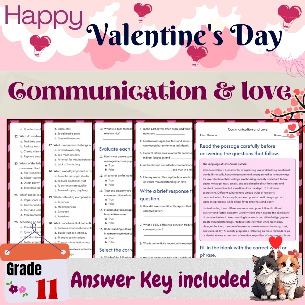 Grade 11 Seasonal Bundle Valentine’s Day Symbols & Love Origins (PDF+Answer Key) — included worksheet 4
