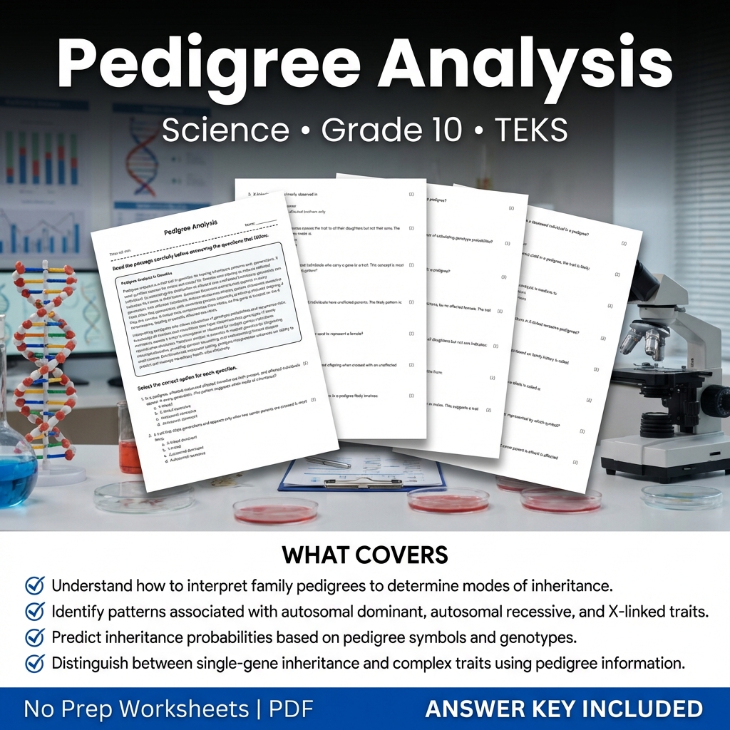 Grade 10 Science Pedigree Analysis Worksheet with Answer Key | TEKS