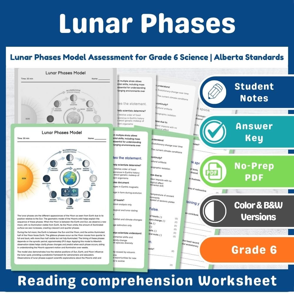 Grade 6 Science assessment worksheet — Lunar Phases Model Assessment for Grade 6 Science | Alberta Standards — page 1