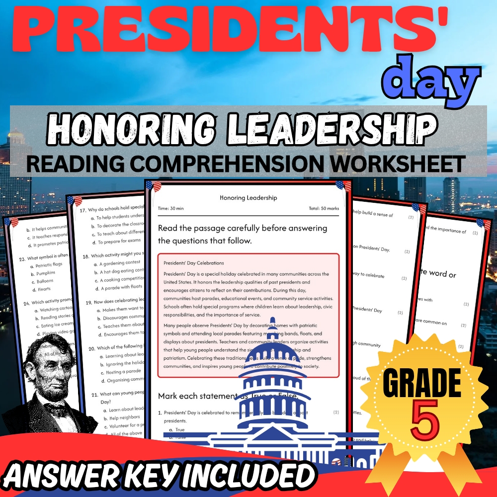 Grade 5 Presidents' Day Unit Bundle | Holiday & Civic Leadership Worksheets — included worksheet 4