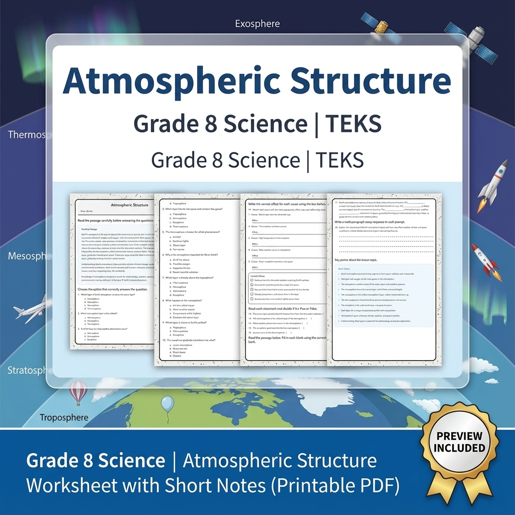 Grade 8 Science Atmospheric Structure Worksheet with Short Notes (Printable PDF)