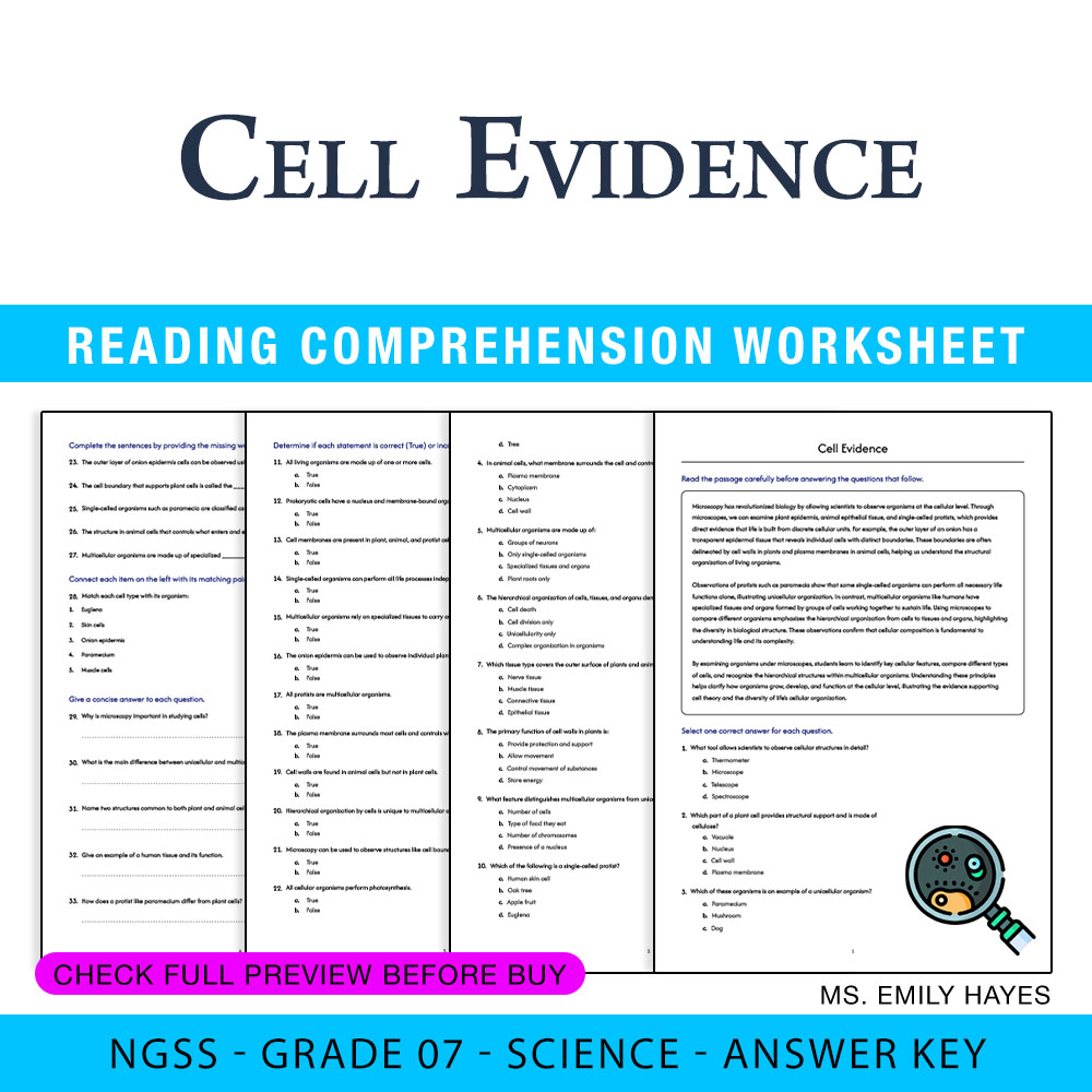 Grade 7 Science — worksheet — 7th Grade Science | Cell Evidence Worksheet (PDF+ Answer Key) — page 1
