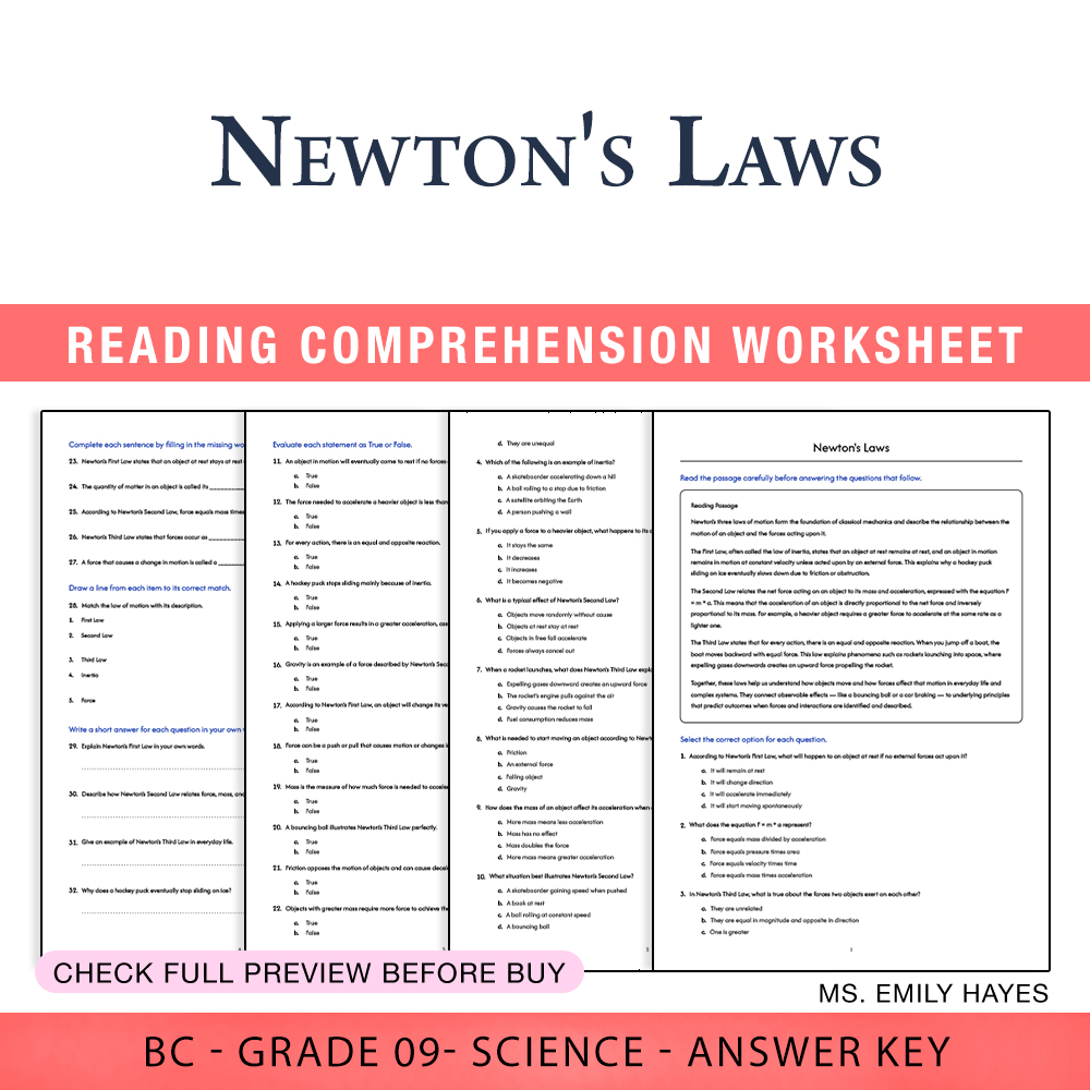Grade 9 Science worksheet worksheet — 9th Grade Science | Newton's Laws of Motion Worksheet (PDF+ Answer Key) — page 1