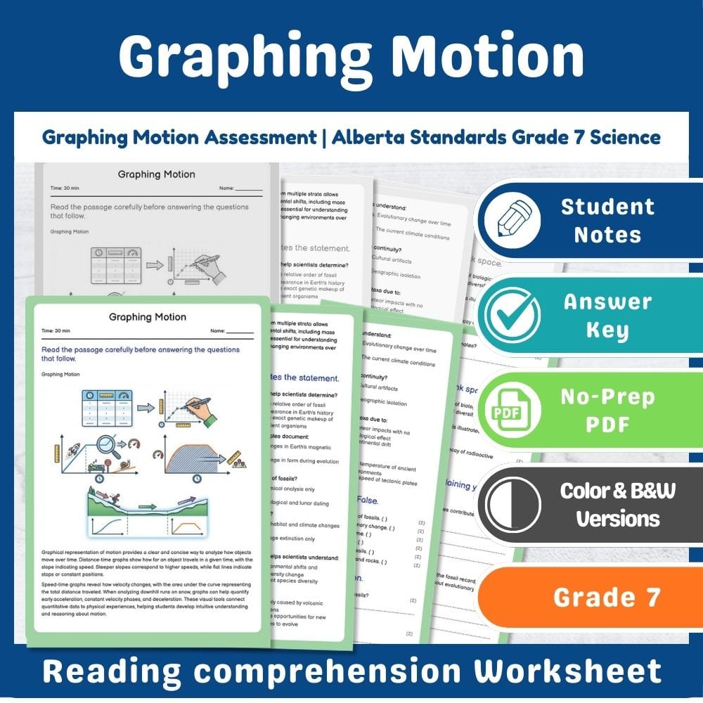 Grade 7 Science assessment worksheet — Graphing Motion Assessment | Alberta Standards Grade 7 Science — page 1