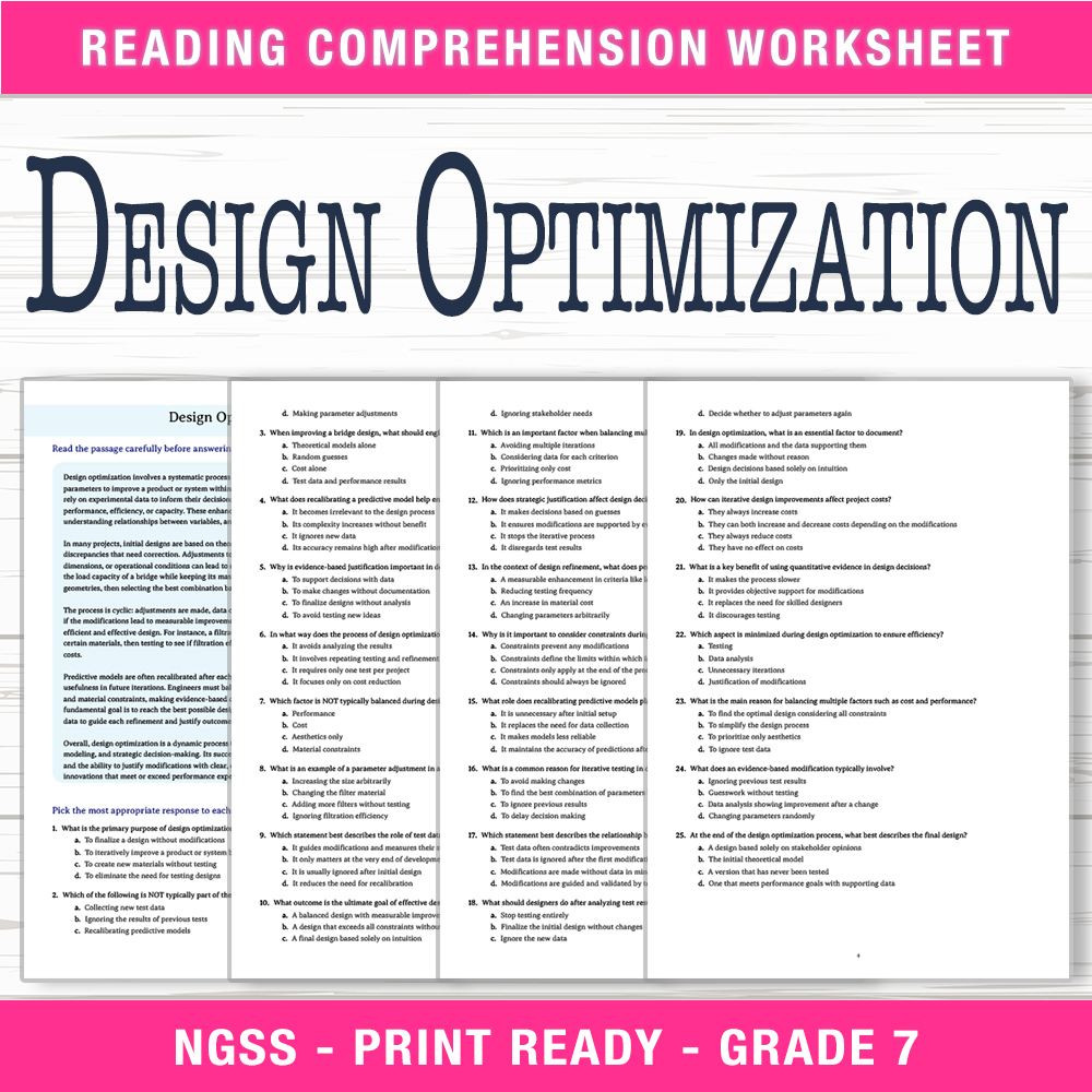 Grade 7 Science worksheet worksheet — Grade 7 Science – Design Optimization Worksheet (PDF + Answer Key) — page 1