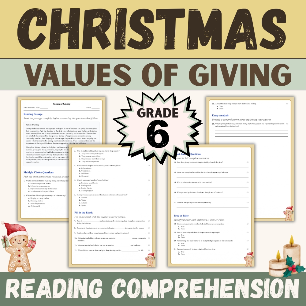 Grade 6 Seasonal Values of Giving Worksheet (Worksheet + Answer Key) | Holiday Standard