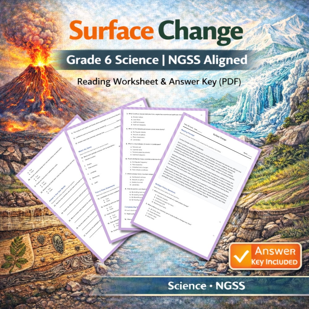 Grade 6 Science | Surface Change | NGSS ( Worksheet + Answer Key )