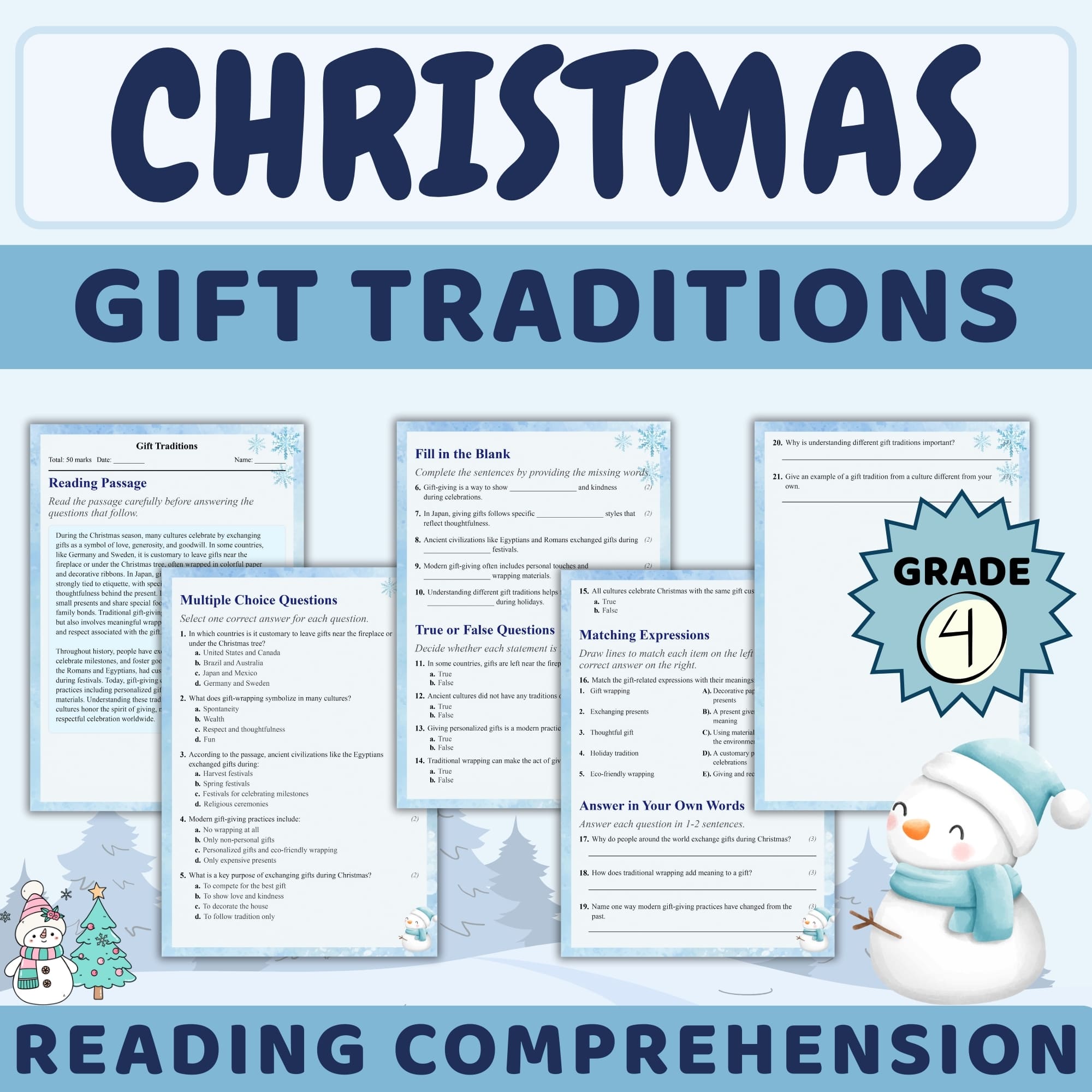 Grade 4 Seasonal Gift Traditions Worksheet | Holiday Cultural Learning