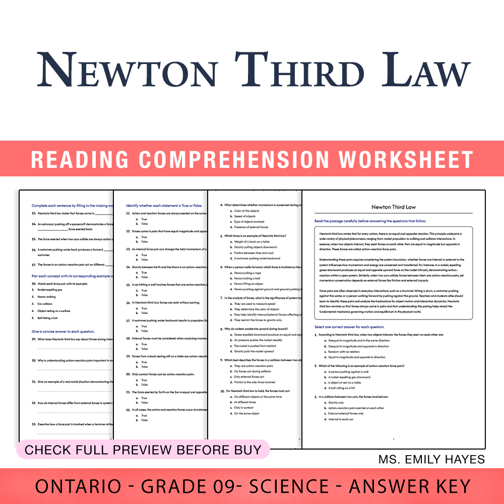 Grade 9 Science worksheet worksheet — Grade 9 Science | Newton's Third Law Worksheet (PDF + Answer Key) — page 1