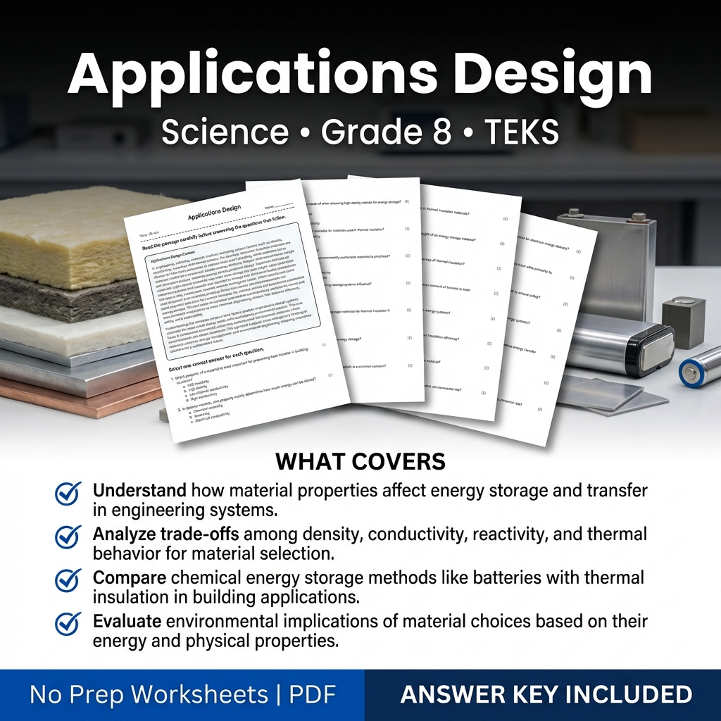 Applications Design Worksheet for Grade 8 Science | TEKS Aligned Assessment