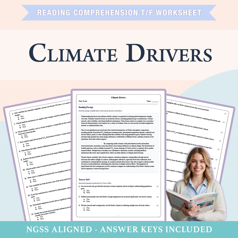 Grade 8 Science reading comprehensions true or false worksheet worksheet — Grade 8 Science | Climate Drivers Worksheet (PD…