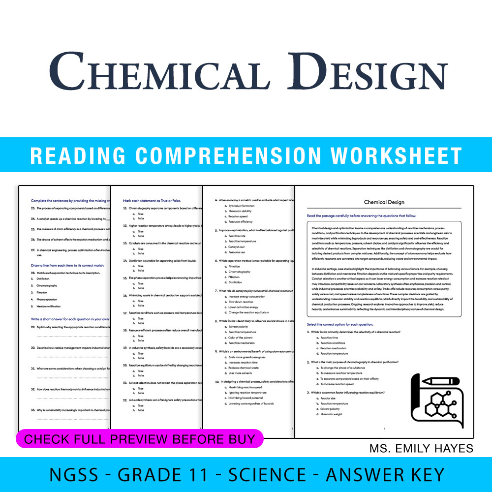 Grade 11 Science worksheet worksheet — 11th Grade Science | Chemical Design Worksheet (PDF+ Answer Key) — page 1