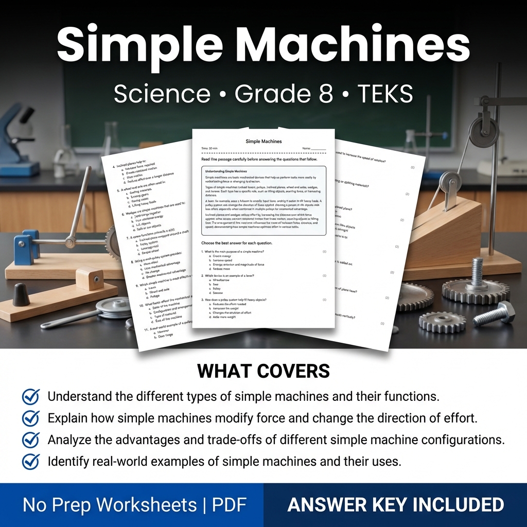 Grade 8 Science worksheet — Grade 8 Science Worksheet on Simple Machines with Answer Key | TEKS Aligned