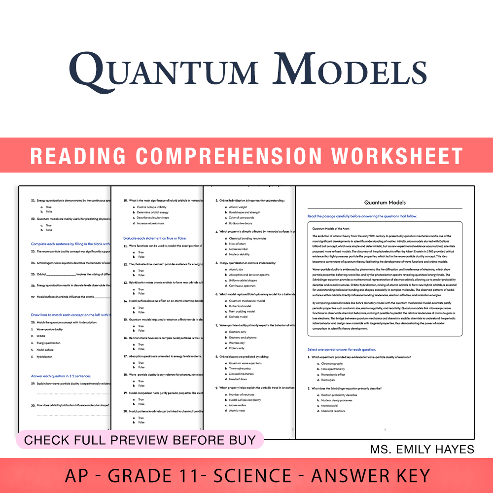 Grade 11 Science worksheet worksheet — Grade 11 Science | Quantum Models Worksheet (PDF+ Answer Key) — page 1