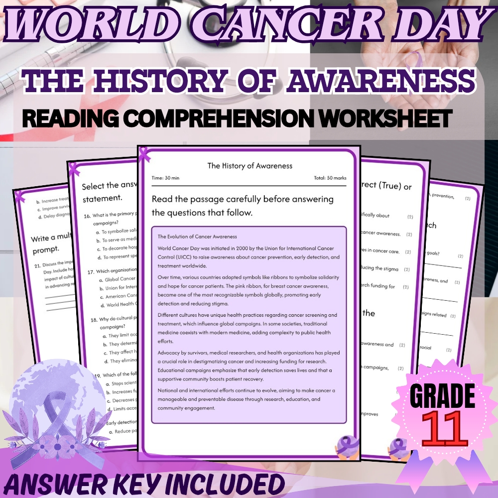 Grade 11 | World Cancer Day Worksheet for Mastering Awareness | PDF + Answer Key