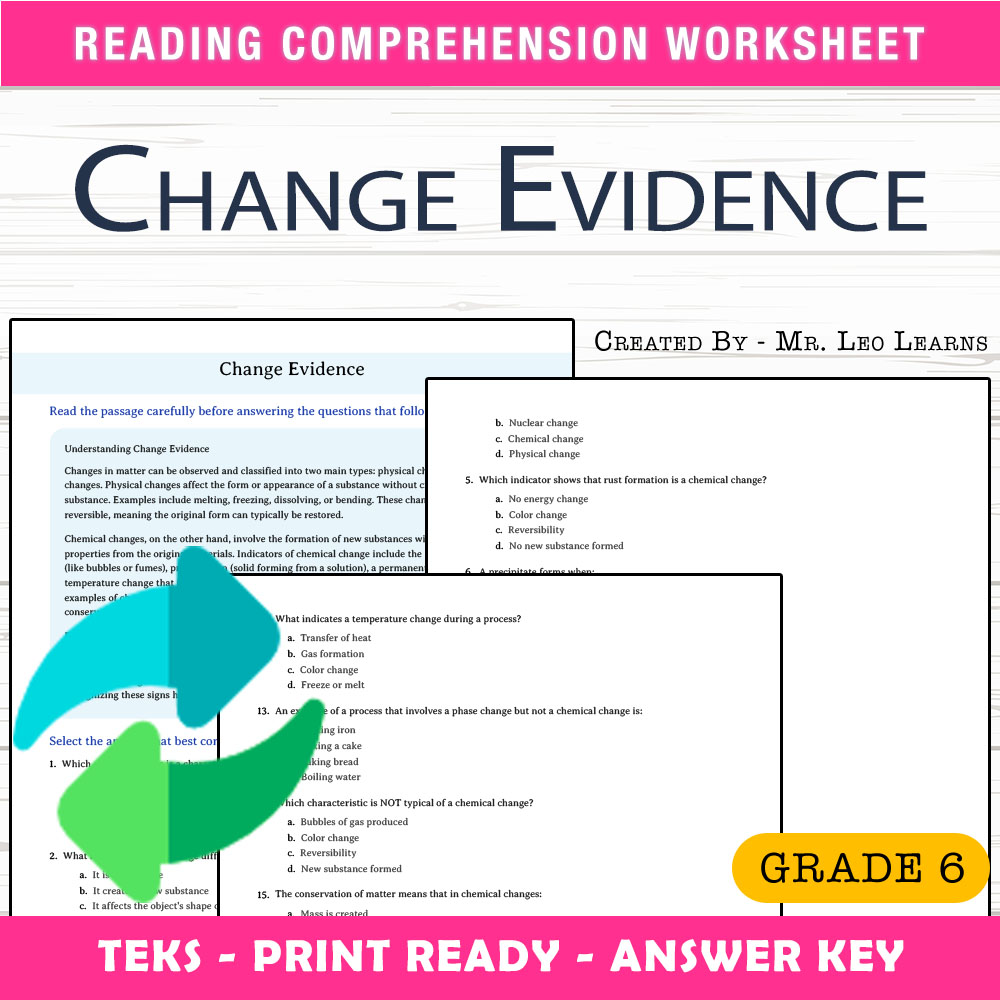 Grade 6 Science worksheet — Grade 6 Science – Change Evidence Worksheet for Mastery — page 1