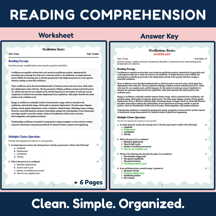 Grade 10 Science reading worksheets worksheet — 10th Grade Science | Oscillations Basics Reading Worksheet (PDF + Answer K…