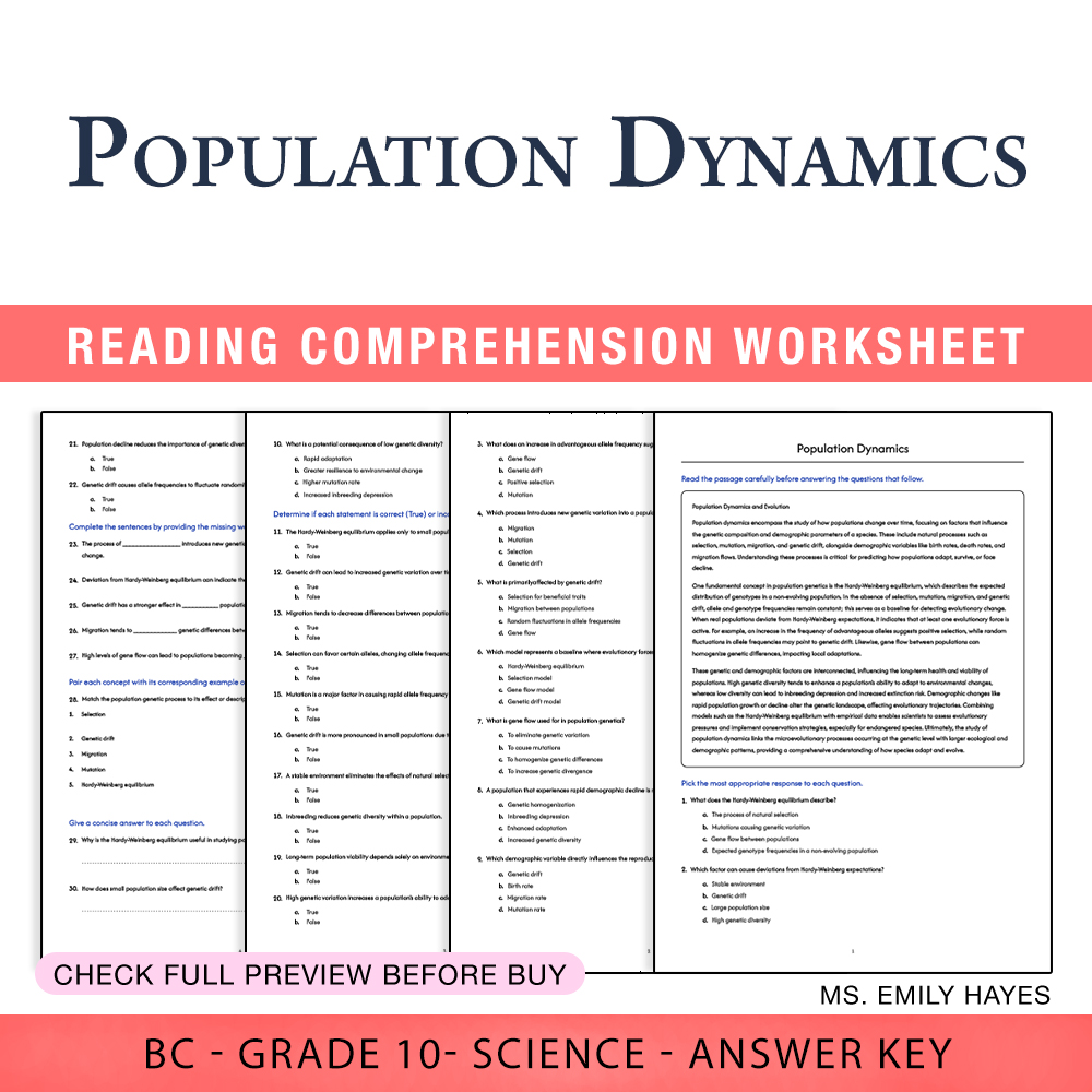 Grade 10 Science worksheet worksheet — 10th Grade Science | Population Dynamics Worksheet (PDF+ Answer Key) — page 1