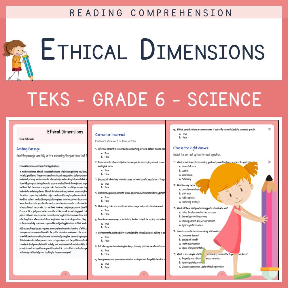 Grade 6 Science worksheet elena worksheet — Grade 6 Science | Ethical Dimensions Worksheet | TEKS Alligned — page 1