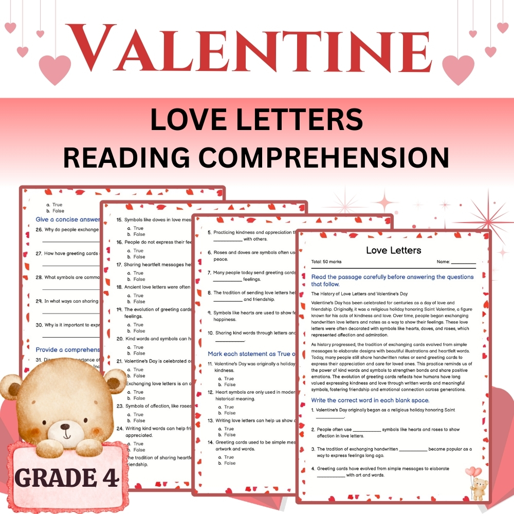 Grade 4 Seasonal Valentine  | Holiday Love Letters Worksheet (PDF)